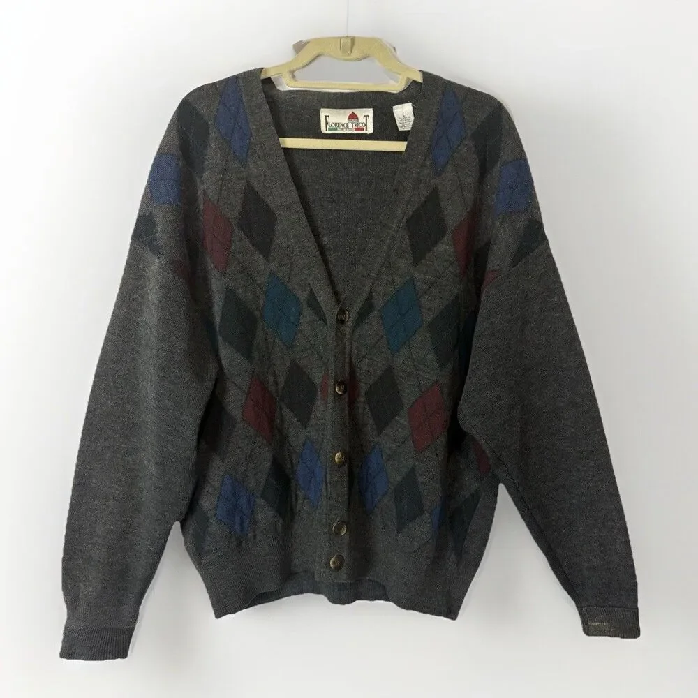 Vtg 90s Cardigan Sweater Florence Tricot Italian Wool Argyle‎ Grandpa Academia